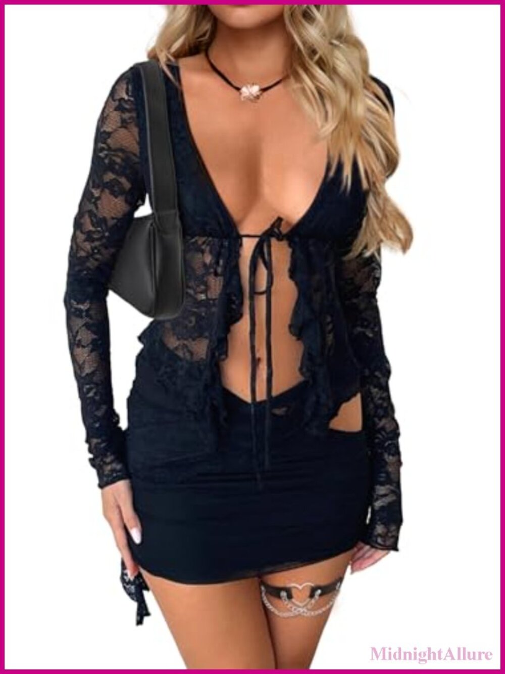 2 Piece Floral Lace Crop Top & Mini Skirt Set Long Sleeve Sheer Going Out Outfit